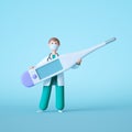 3d render. Cartoon doctor character standing holding big blank thermometer. Clip art isolated on light blue background. Royalty Free Stock Photo