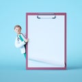 3d render. Cartoon doctor character standing near big clip board with white paper. Clip art isolated on blue background.