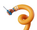 3d render, cartoon flexible spiral human hand holds screwdriver. Professional builder or constructor with building tool.