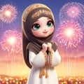 3d render cartoon girl happy Eid alfitr Mubarak ai generator