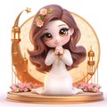 3d render cartoon girl Muslim Ramadan Mubarak