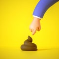 3d render, cartoon hand in blue sleeve is going to touch the brown poop, pointing finger. Funny clip art on yellow