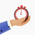 3d render Cartoon hand holding a timer on an isolated background. 3d illustration. Hand hold timer on white background Royalty Free Stock Photo