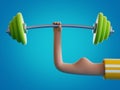 3d render cartoon hand holds barbell, isolated on blue background. Weight power lifting at home. Bodybuilding exercise