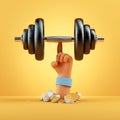 3d render cartoon hand holds black heavy dumbbell, sport motivation clip art isolated on yellow background. Physical activity