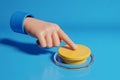 3D Render of a Cartoon Hand Pressing a Yellow Button on a Blue Background Royalty Free Stock Photo