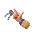 3d render, cartoon human hand holds keys. House owner icon. Rental service clip art isolated on white background Royalty Free Stock Photo