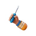 3d render, cartoon human hand holds screwdriver. Professional builder or constructor with building tool. Construction icon.