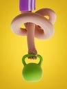 3d render cartoon knotted elastic hand holds heavy weight, isolated on yellow background. Power lifting at home. Bodybuilding