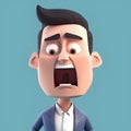 3D render of a cartoon man with angry facial expression on blue background