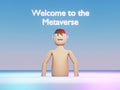3d render cartoon man with neon light and welcome to metaverse text. Metaverse universe concept, virtual reality.