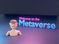 3d render cartoon man with neon light and welcome to metaverse text. Metaverse universe concept, virtual reality.