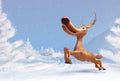 3D render of cartoon reindeer jumping in snow