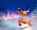 3D render of cartoon reindeer jumping in winter scene