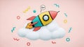 Sleeping Rocket on Cloud Dreamy Startup Concept, 3D Render Royalty Free Stock Photo