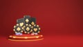 3D Render Casino Chips With Playing Cards Over Marquee Round Podium And Copy Space On Red