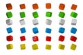 3d render Casino Dice Set . Red, Yellow, Green, Blue and White Poker Cubes Isolated on white Background