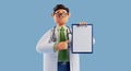 3d render, caucasian male doctor wears glasses and holds blue clipboard with blank document. Medical clip art isolated on blue