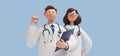 3d render, caucasian man and woman doctors, holds clipboard and shows index finger up. Medical colleagues hospital staff. Cartoon