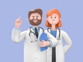 3d render, caucasian man and woman doctors, holds clipboard and shows index finger up. Medical colleagues hospital staff