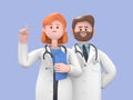 3d render, caucasian man and woman doctors, holds clipboard and shows index finger up. Medical colleagues hospital staff.