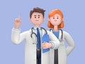3d render, caucasian man and woman doctors, holds clipboard and shows index finger up. Medical colleagues hospital staff.