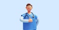 3d render, caucasian young man, cartoon character nurse wears blue shirt, looks at camera, shows thumbs up, like gesture. Health Royalty Free Stock Photo