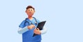 3d render, caucasian young man, nurse cartoon character wears blue shirt, holds pen and clipboard. Health care consultation.