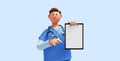 3d render, caucasian young man, nurse cartoon character wears blue shirt, looks at camera, holds pen and clipboard with white