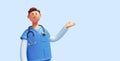 3d render, caucasian young man, nurse cartoon character wears blue shirt, looks at camera. Medical clip art isolated on light