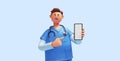 3d render, caucasian young man, nurse cartoon character wears blue shirt, looks at camera, shows smart phone with blank screen.