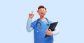 3d render, caucasian young man, nurse cartoon character wears blue shirt, shows forefinger up, holds clipboard. Health care clip