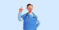 3d render, caucasian young man, nurse cartoon character wears blue shirt, shows forefinger up, looks at camera. Medical isolated
