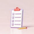 3d render of a checklist with a pencil representing planning and organization Royalty Free Stock Photo