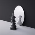 3d render, chess game king piece stands in front of the round mirror with pawn reflection. Contradiction metaphor. Perceptual Royalty Free Stock Photo