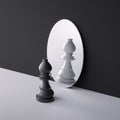 3d render, chess game piece, black bishop stands alone in front of the round mirror with white reflection. Duality metaphor.