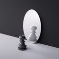 3d render, chess game piece, black pawn stands in front of the round mirror with white reflection. Contradiction concept.