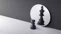 3d render, chess game white pawn piece stands in front of the round mirror with reflection of black king. Contradiction or