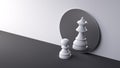 3d render, chess game white pawn piece stands in front of the round mirror with reflection of white queen. Contradiction metaphor