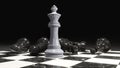 3D render of a chess king surrounded by lying black chess pieces. Marble pieces on a chessboard
