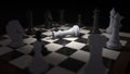 3d render of chess pieces on the board. The white king is defeated and lies surrounded by other pieces. Business concept Royalty Free Stock Photo