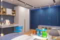 3d render of the children`s bedroom interior in deep blue color. Royalty Free Stock Photo