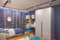 3d render of the children`s bedroom interior in deep blue color. Royalty Free Stock Photo