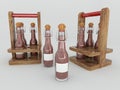 3D render of Chilli sauce in glass bottles with labels on white background