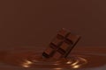 3d render chocolate bar with coffee or chocolate liquid swirl flowing waves for background. Chocolate product concept