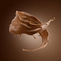 3d render, chocolate splash, cacao drink or coffee, splashing cooking ingredient. Abstract twisted dynamic liquid. Brown beverage