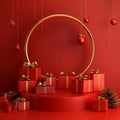 3d render of Christmas background with red gift boxes and golden ring. Royalty Free Stock Photo