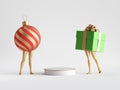 3d render, Christmas ball and gift box near the empty pedestal. Minimal showcase platform for product display. Royalty Free Stock Photo