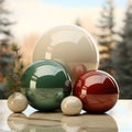 3D render of Christmas balls in window with snowcapped mountains in the back