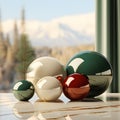 3D render of Christmas balls in window with snowcapped mountains in the back